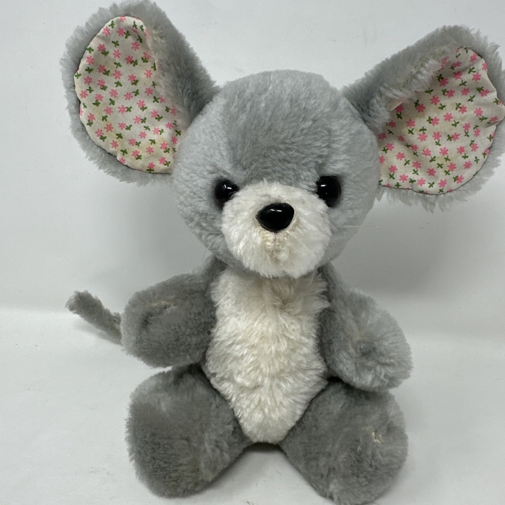 1978 Dakin Gray Mouse Plush Flower Ears Vintage Cute Stuffed Animal Toy 9"